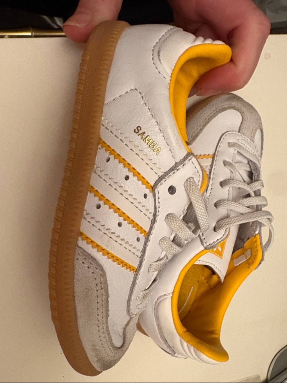 adidas White and Yellow Samba Sneakers with Gum Sole